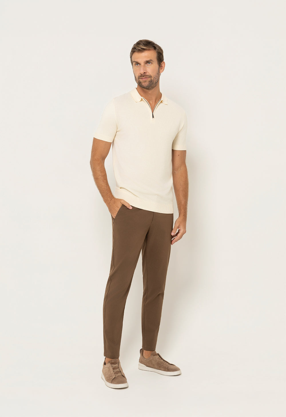 Polo Tricot Meio Zip Creme