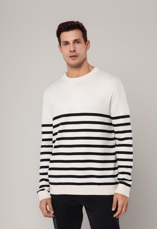 SUÉTER EM MODAL GOLA CARECA LISTRADO OFF WHITE E PRETO