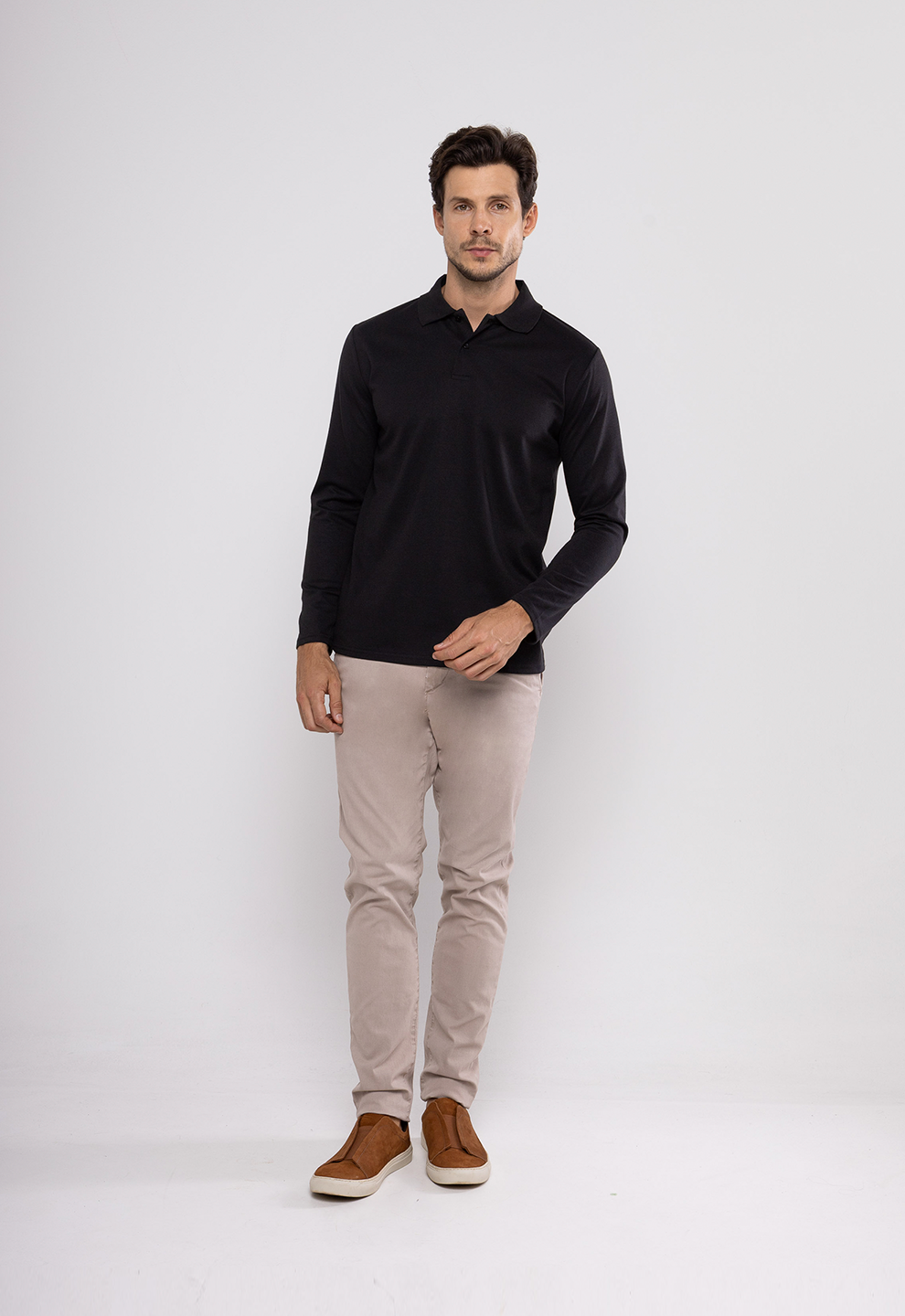 Camisa Polo Manga Longa Texturizada Preta