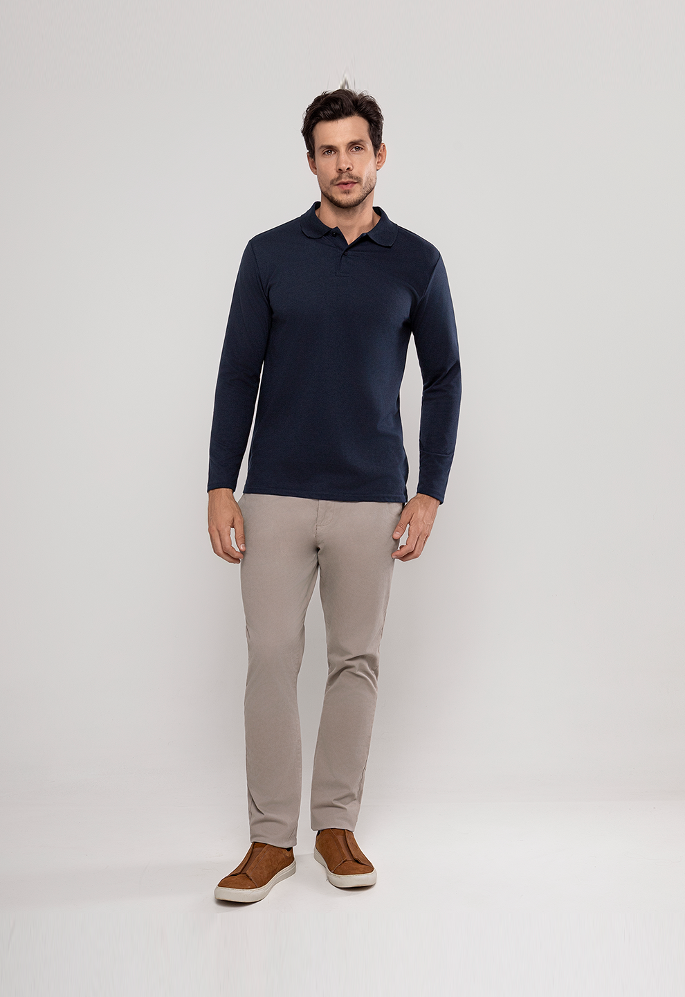 Camisa Polo Manga Longa Texturizada Marinho