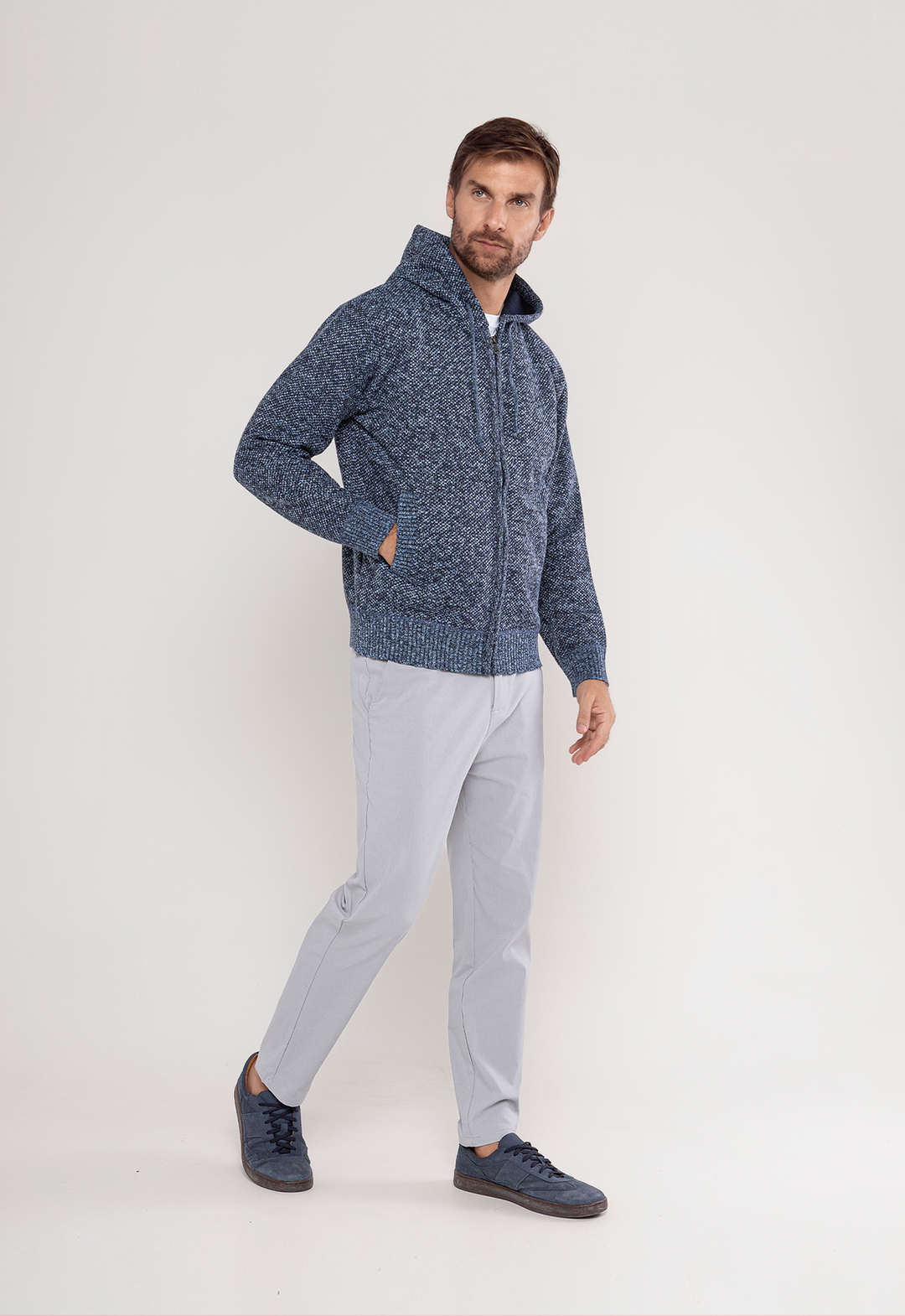Tricot Mesclado Zip C/ Capuz Azul