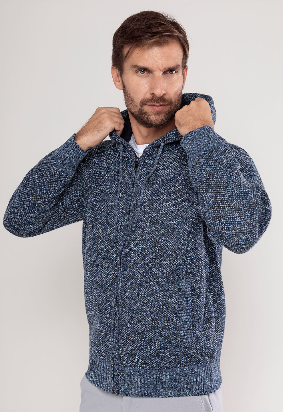 Tricot Mesclado Zip C/ Capuz Azul