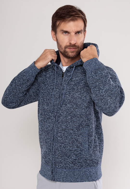 Tricot Mesclado Zip C/ Capuz Azul