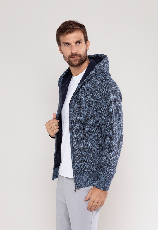Tricot Mesclado Zip C/ Capuz Azul