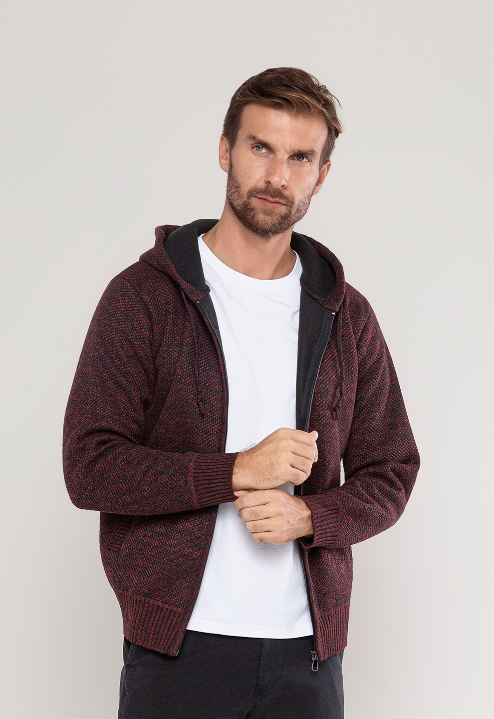 Tricot Mesclado Zip C/ Capuz  Bordô