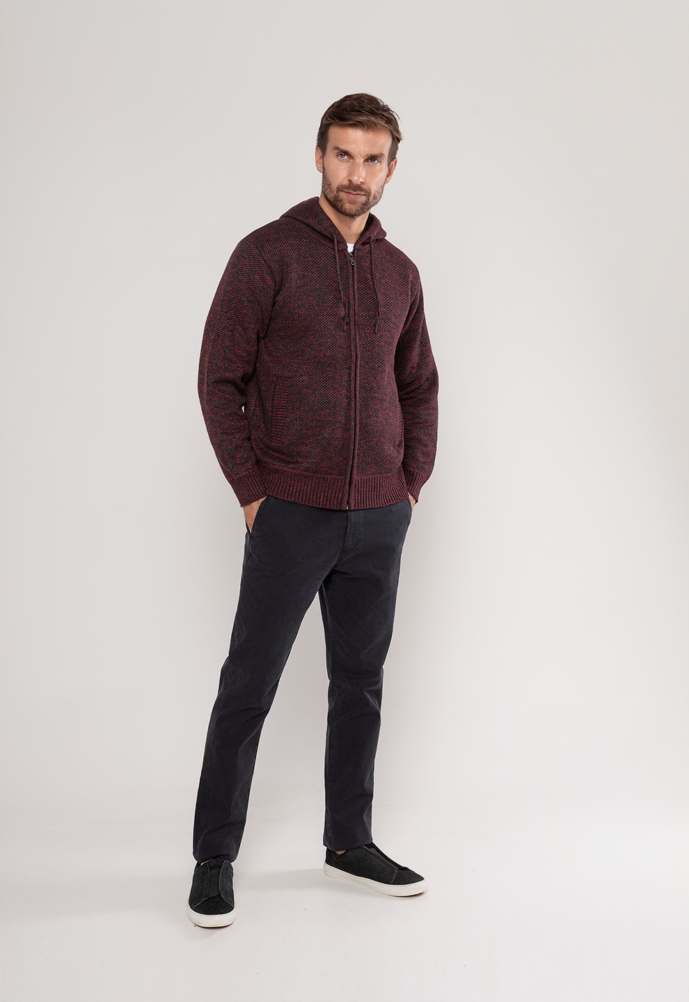Tricot Mesclado Zip C/ Capuz  Bordô