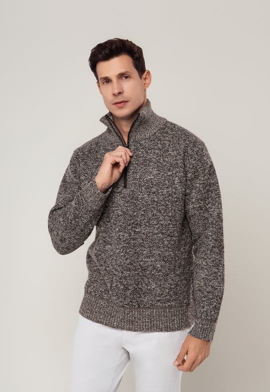 TRICOT MESCLADO MEIO ZIP MARROM