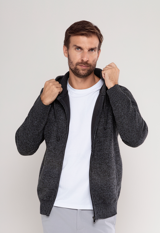 Tricot Mesclado Zip C/ Capuz Preto
