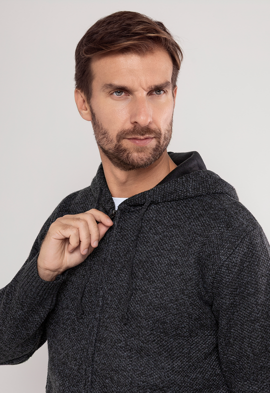 Tricot Mesclado Zip C/ Capuz Preto