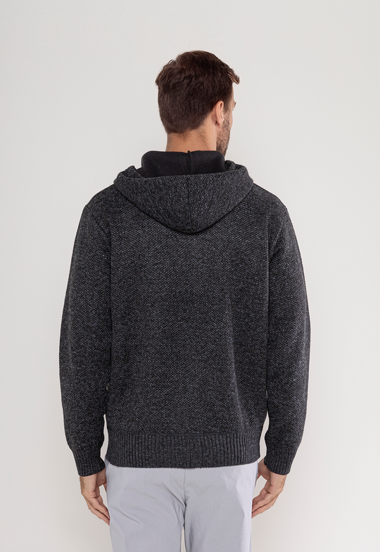 Tricot Mesclado Zip C/ Capuz Preto