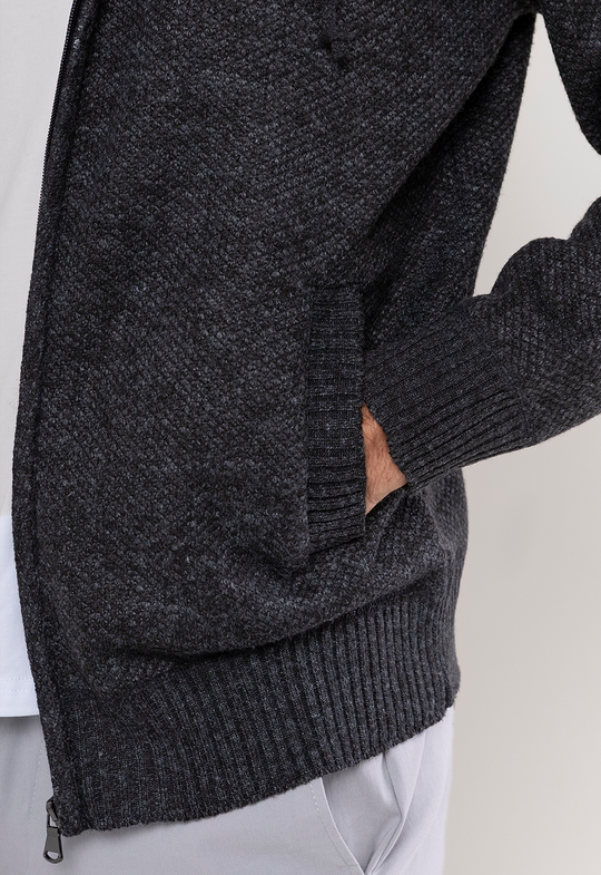 Tricot Mesclado Zip C/ Capuz Preto