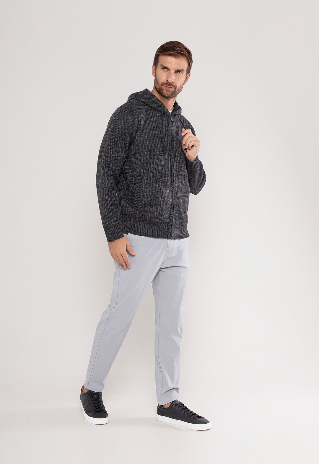 Tricot Mesclado Zip C/ Capuz Preto