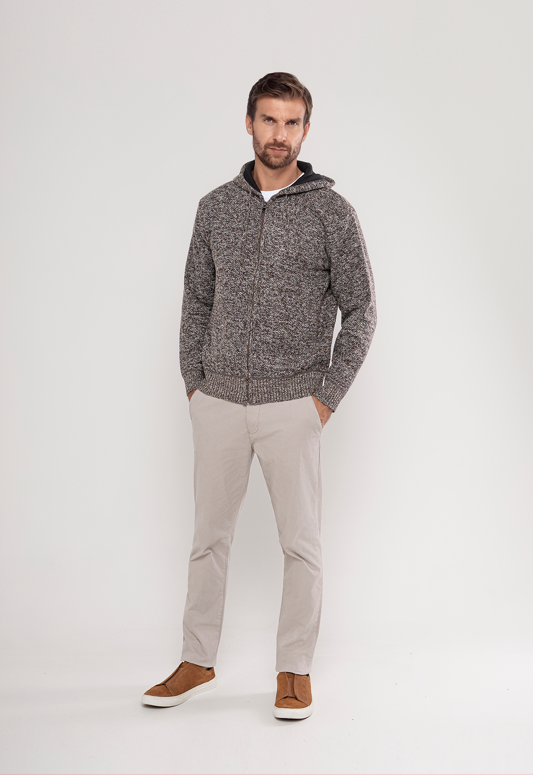Tricot Mesclado Zip C/ Capuz Marrom