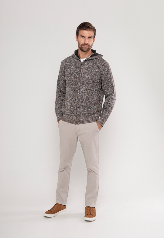 Tricot Mesclado Zip C/ Capuz Marrom