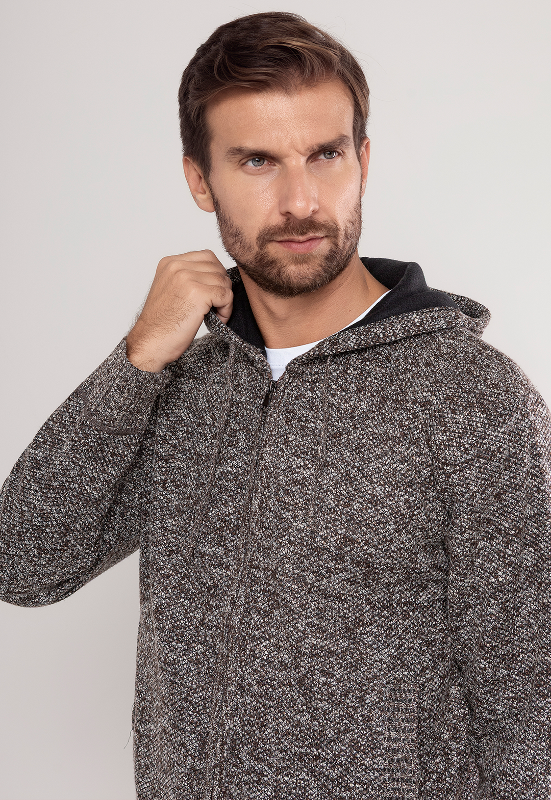 Tricot Mesclado Zip C/ Capuz Marrom