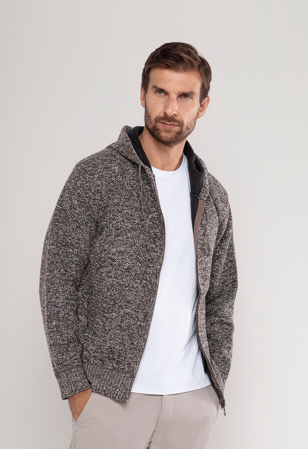 Tricot Mesclado Zip C/ Capuz Marrom