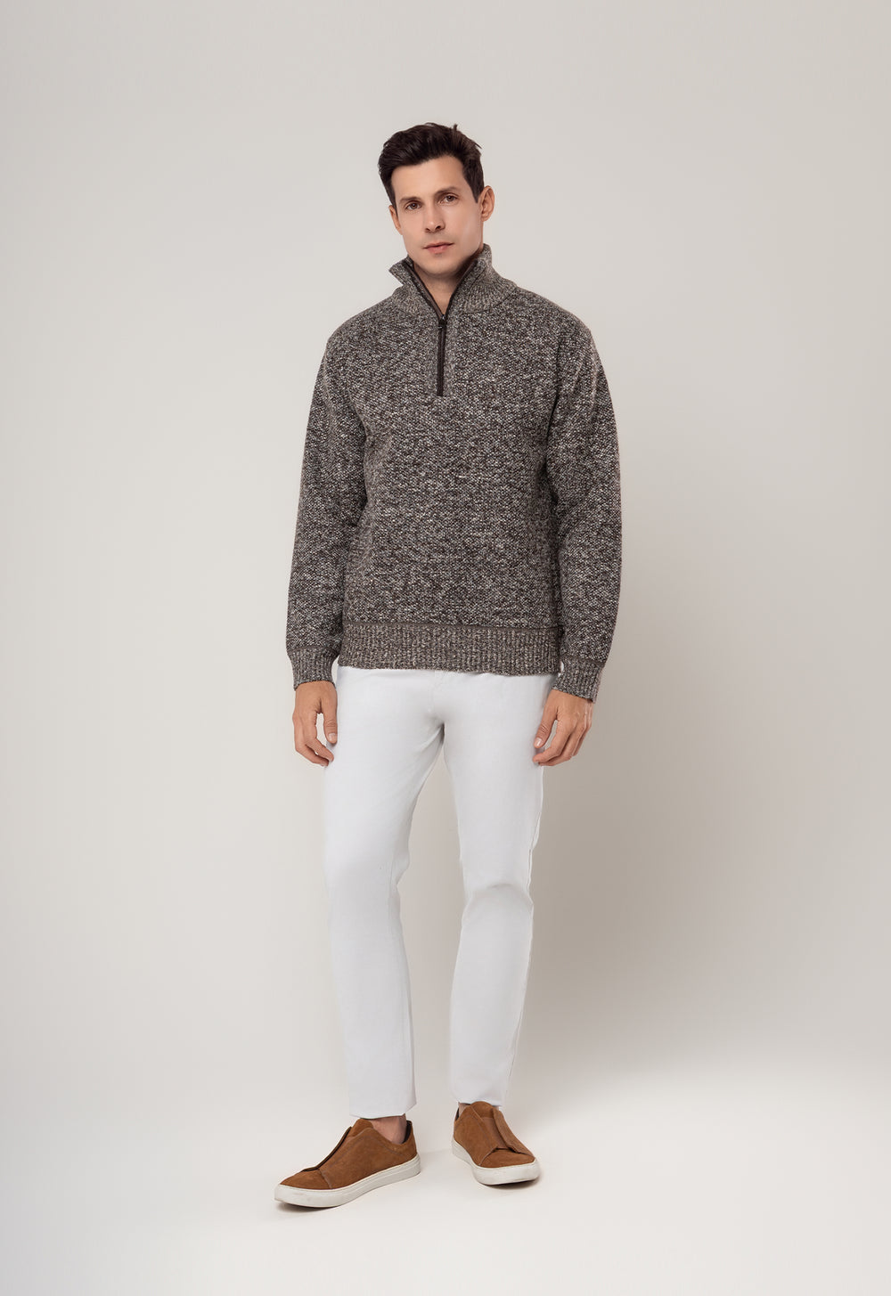 TRICOT MESCLADO MEIO ZIP MARROM