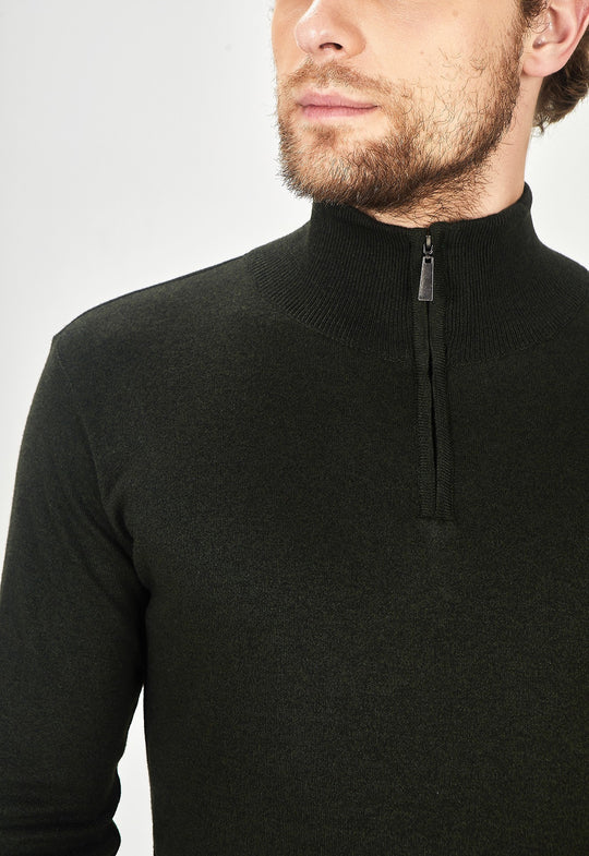 Suéter Toque Cashmere Meio Zip Verde Militar