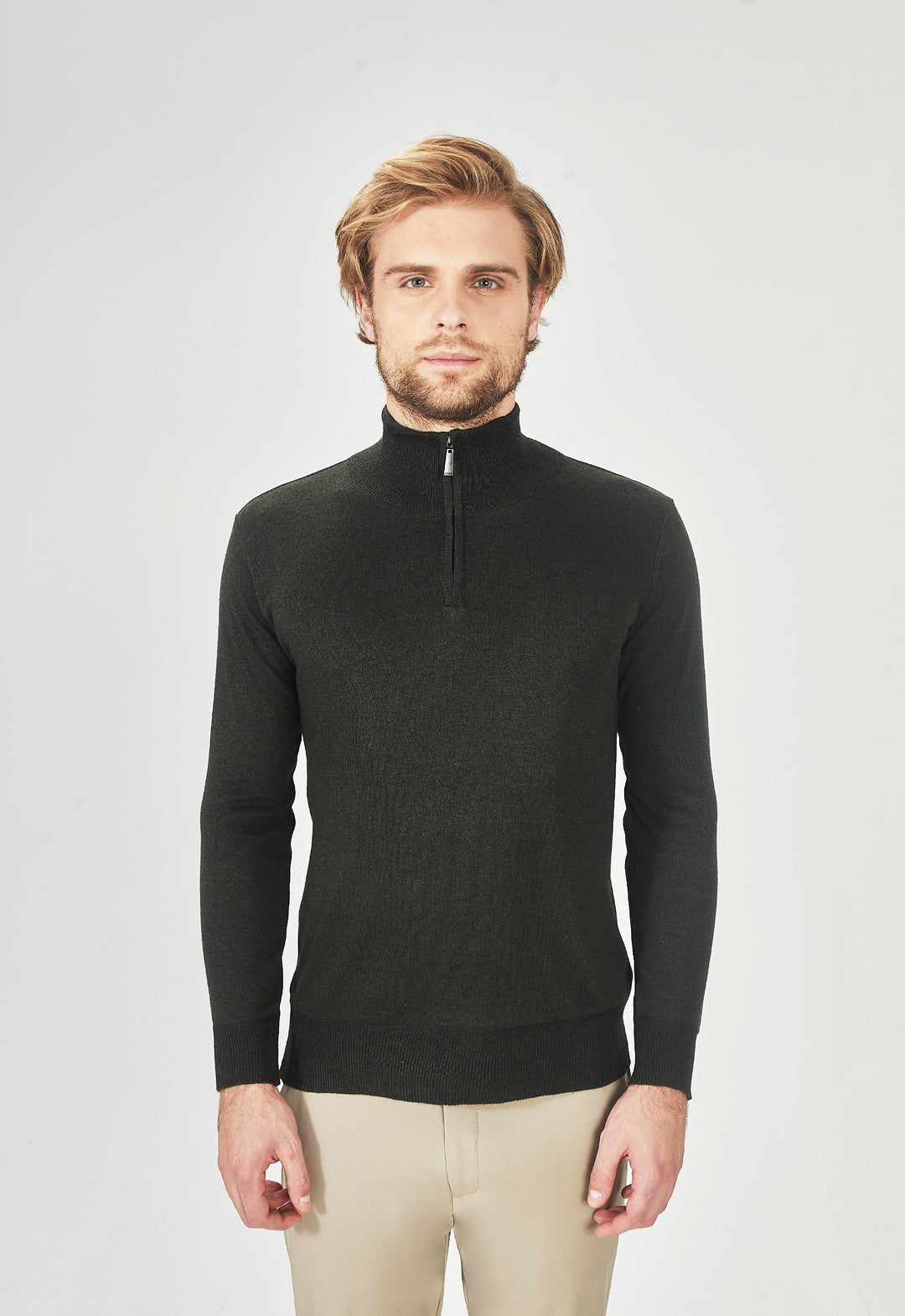 SUÉTER MEIO ZÍPER TOQUE CASHMERE VERDE MILITAR