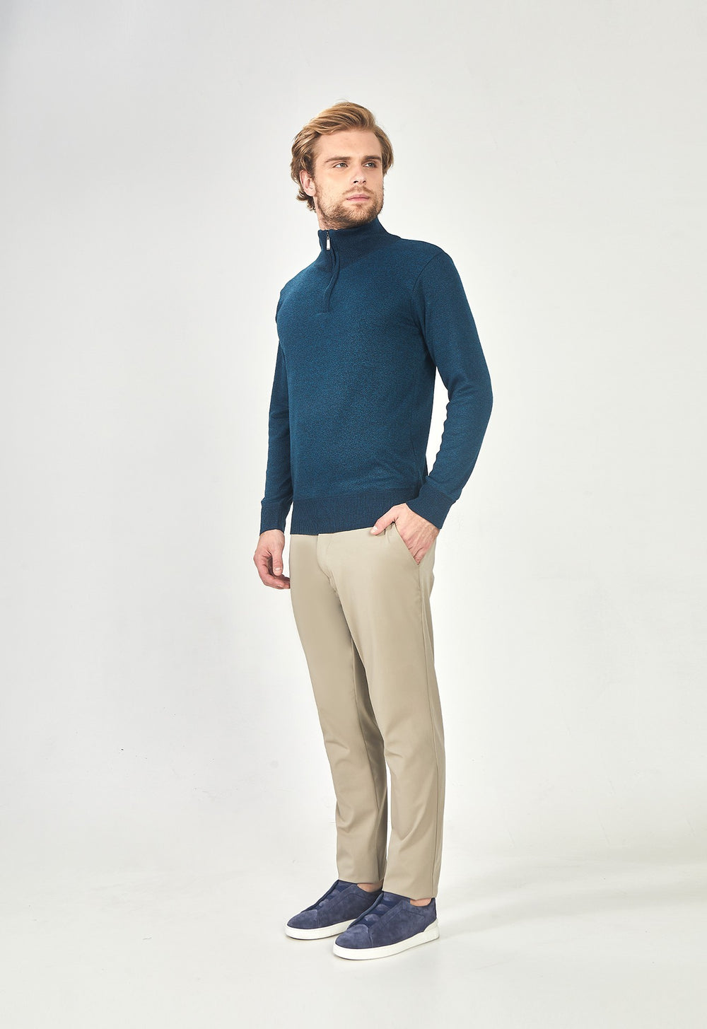 Suéter Toque Cashmere Meio Zip Petróleo