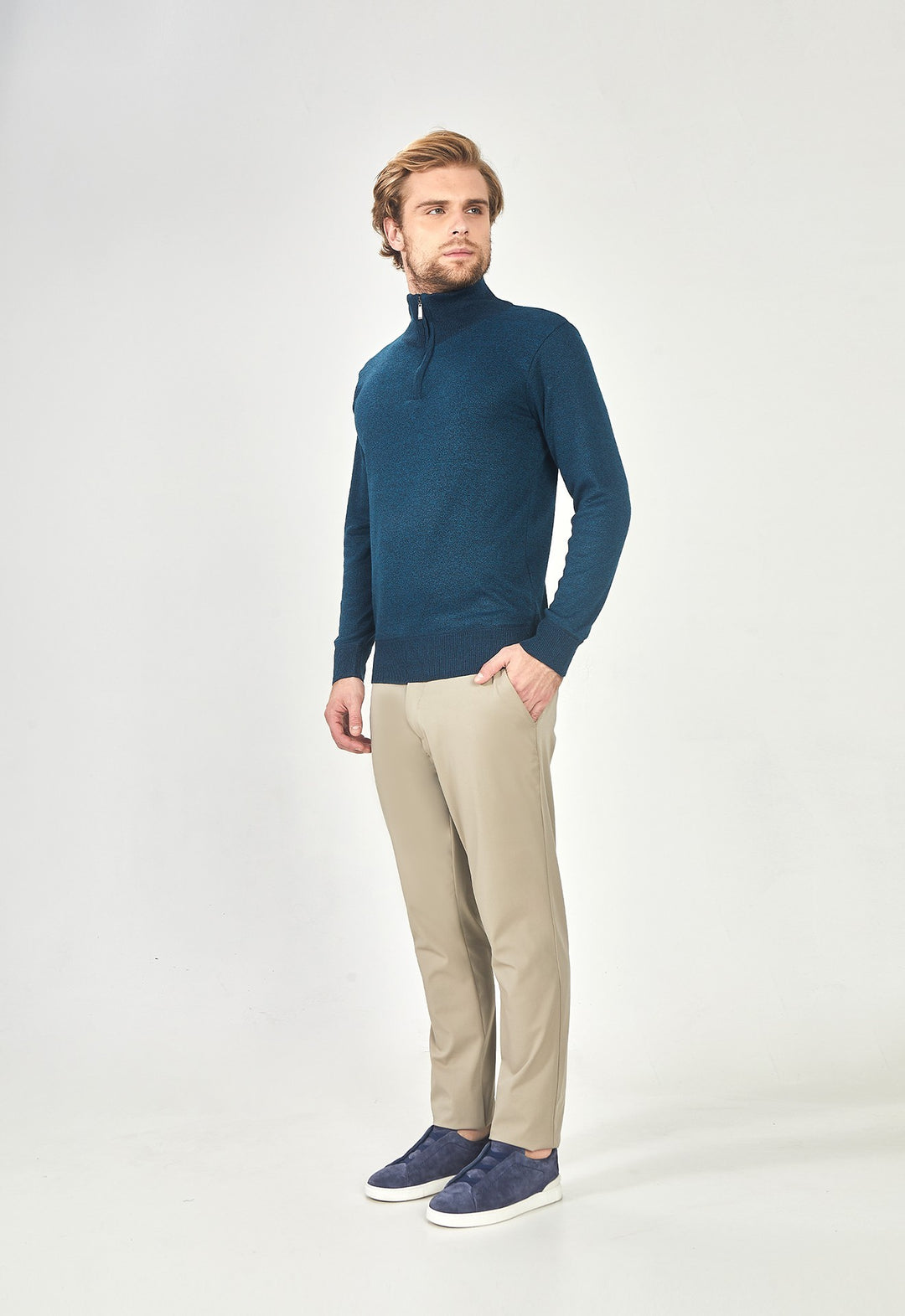 Suéter Toque Cashmere Meio Zip Petróleo