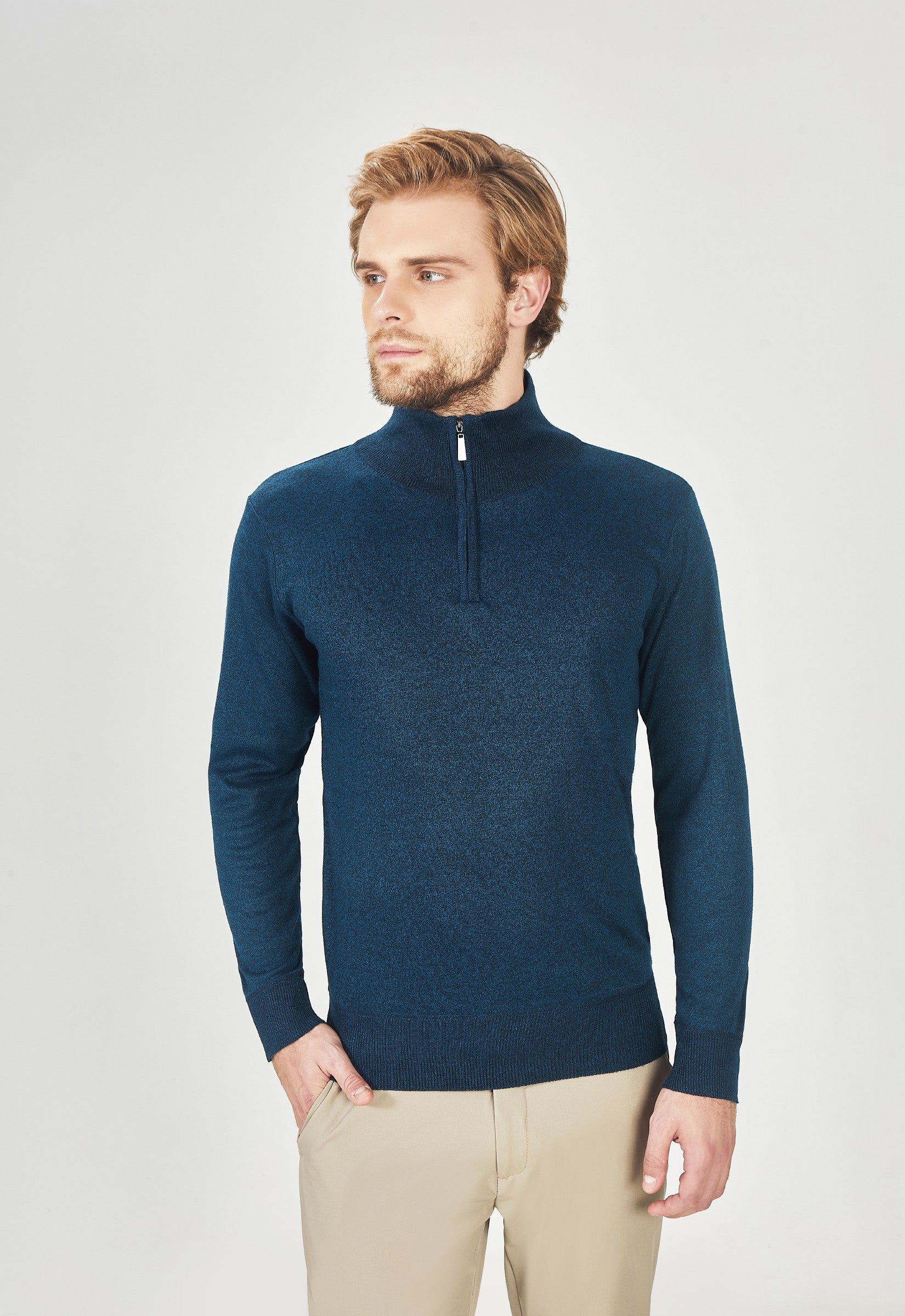 SUÉTER MEIO ZÍPER TOQUE CASHMERE PETRÓLEO