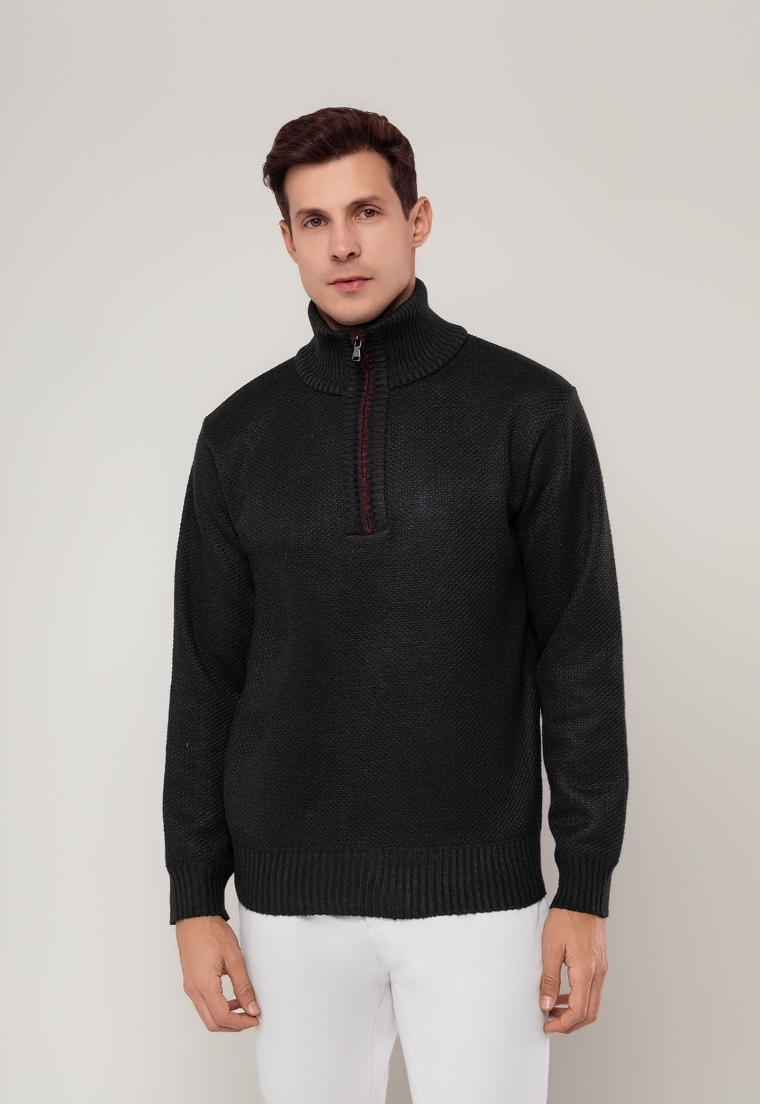 TRICOT MESCLADO MEIO ZIP PRETO