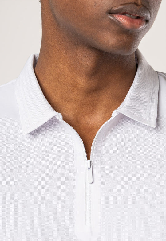 Polo Dry Fit Zíper C/ Gola Jackard Branca