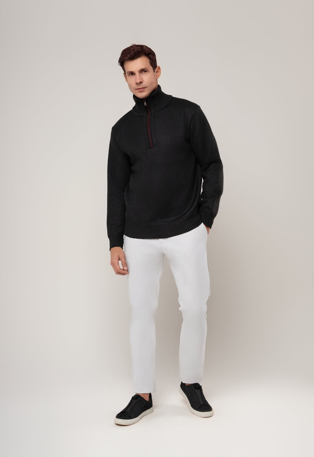 TRICOT MESCLADO MEIO ZIP PRETO