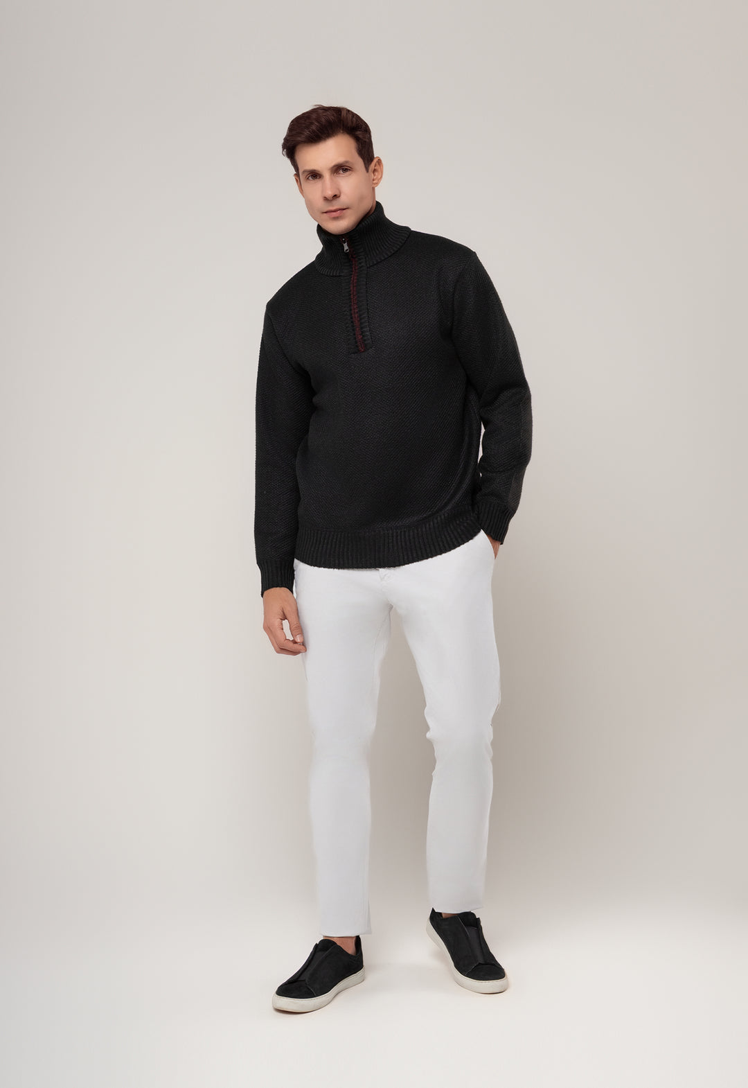 TRICOT MESCLADO MEIO ZIP PRETO