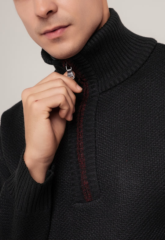 TRICOT MESCLADO MEIO ZIP PRETO
